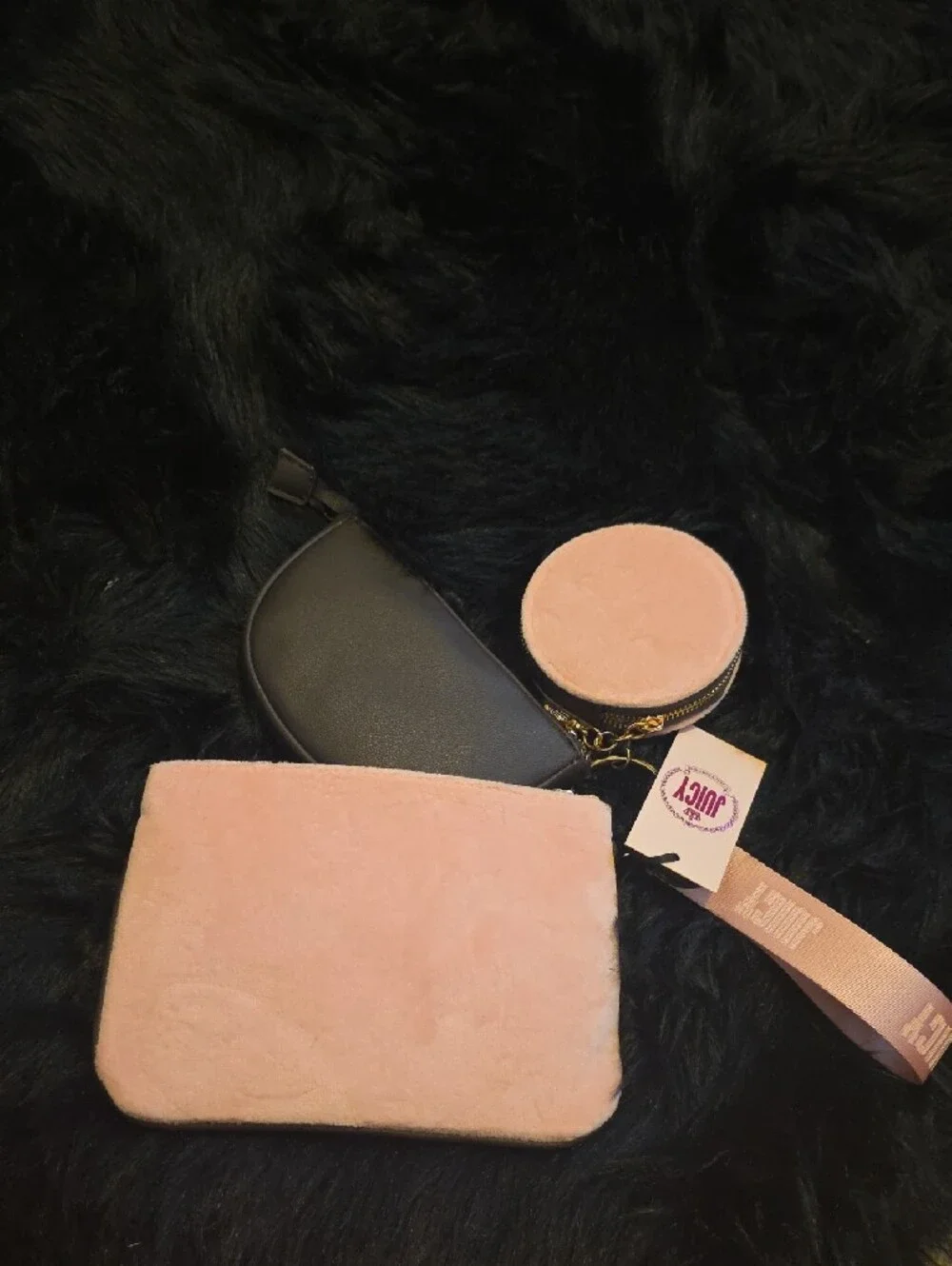 Juicy Couture Pink Velvet Crystal Logo Wristlet Trio with Black Pouch